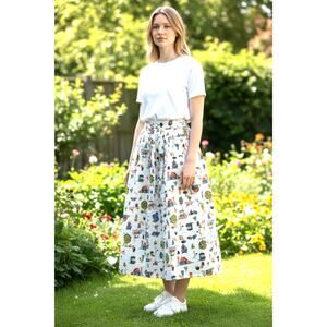 Cottage Core White Midi Skirt Cotton Farm Print Vintage Vibe Homemade? Sz XS